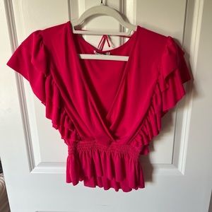 Pink Zara Flounce bottom V neck blouse